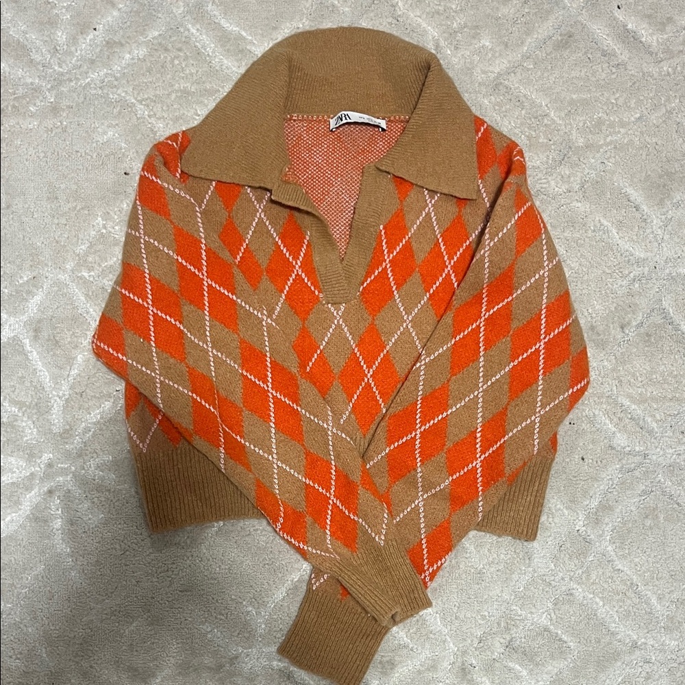 Zara Patterned Tan and Orange Sweater